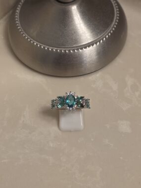 18K White Gold Filled CZ and Sea Green Ring Size 7